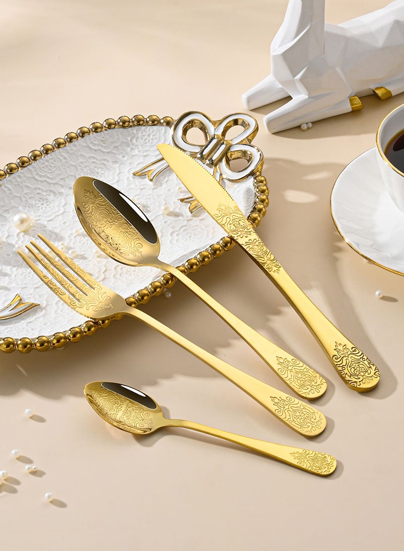 SUNHOME 24-Piece Gold Stainless Steel Cutlery Set, Luxury Floral Pattern Flatware Set for 6 Person, Mirror Polished Food Grade Tableware, Ideal for Home Kitchen, Party and Eid Gift - Image 4